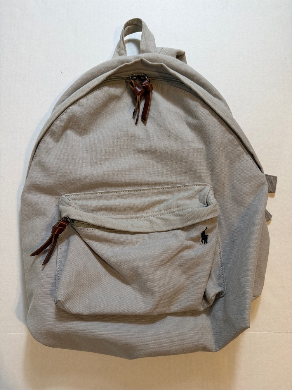 Polo Ralph Lauren Gray Canvas Backpack with leather zipper pulls and logo